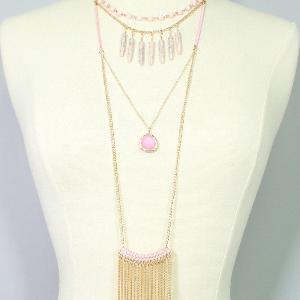 Layered Boho Fringe Pendant Necklace 36" Gold-Plated Design With Delicate Chains